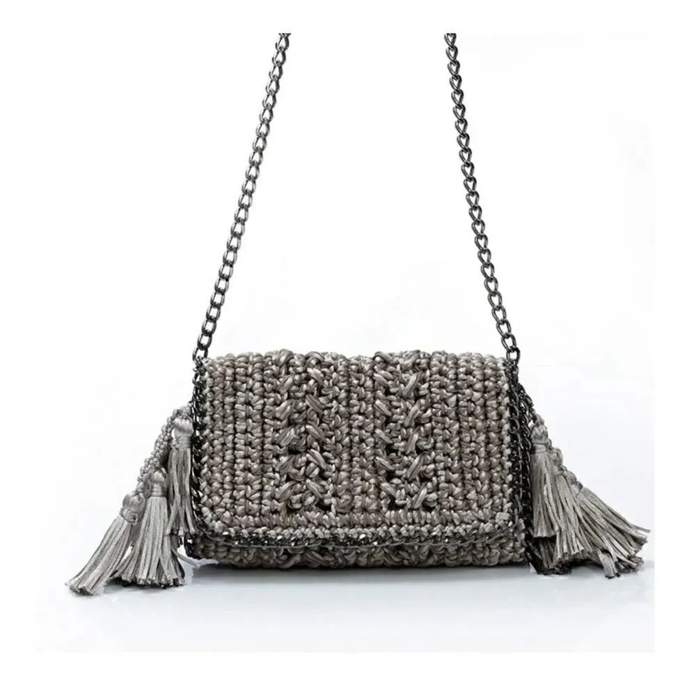 Catarina Mina Mira Handbag in Argenta Gris Crochet Pewter Silver Satin Threads